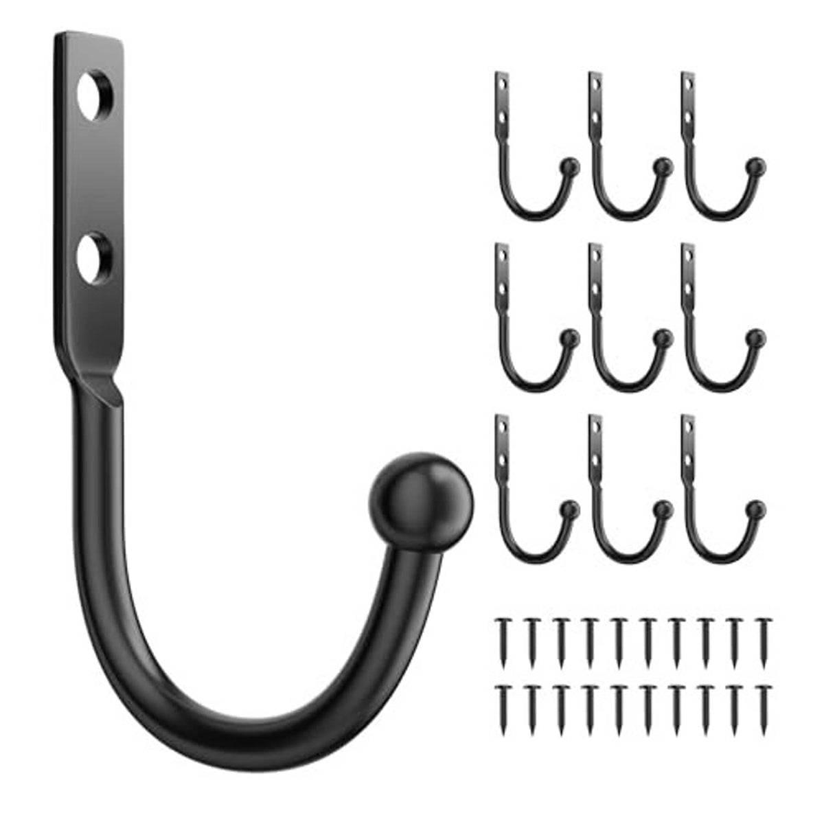 Black metal wall hook set, U-shaped hooks with plates and screws, 10-pack