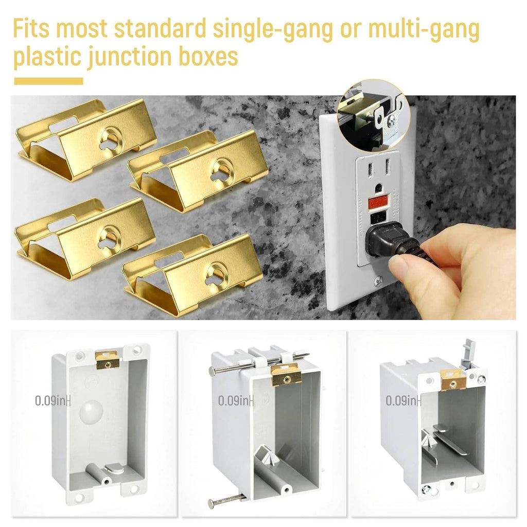 Electrical box repair clips, gold metal set of four, for single- or multi-gang plastic boxes