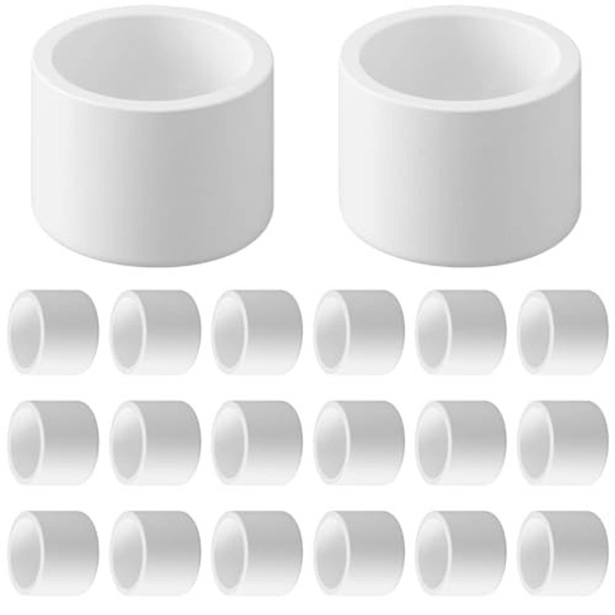 White PVC pipe end cap fittings, multiple round caps with open inner holes