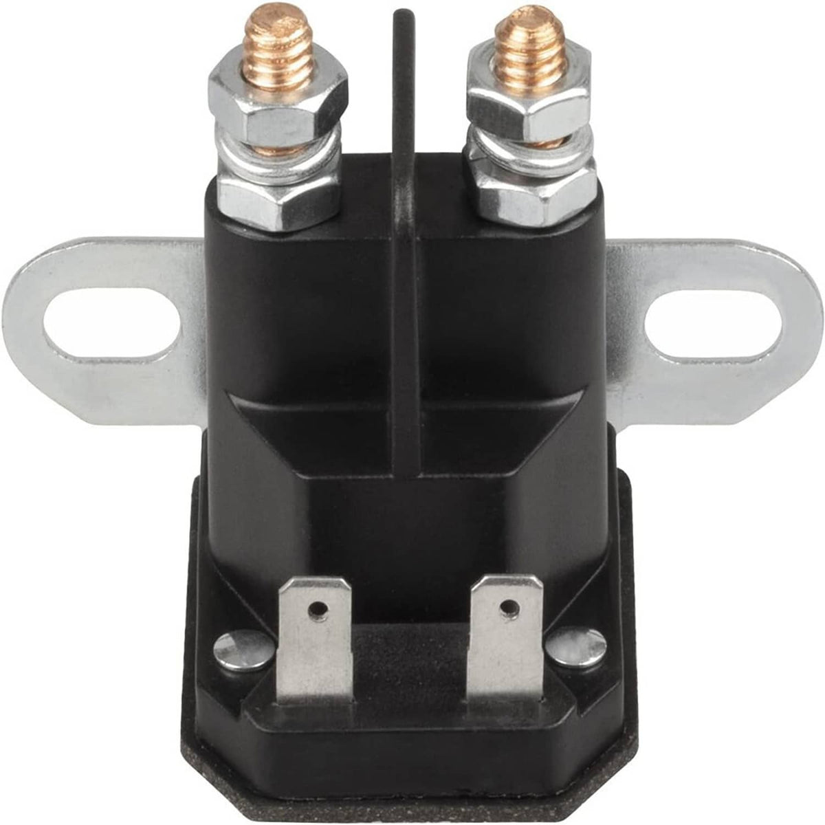 Black starter relay solenoid with two copper terminals and metal mounting tabs