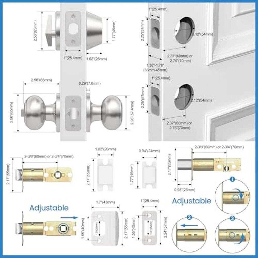 Brushed nickel keyed exterior door knob set with adjustable latch; technical dimensions shown.