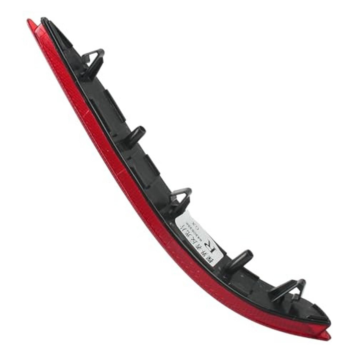 Pair of red rear bumper reflectors with black mounting clips, curved housings