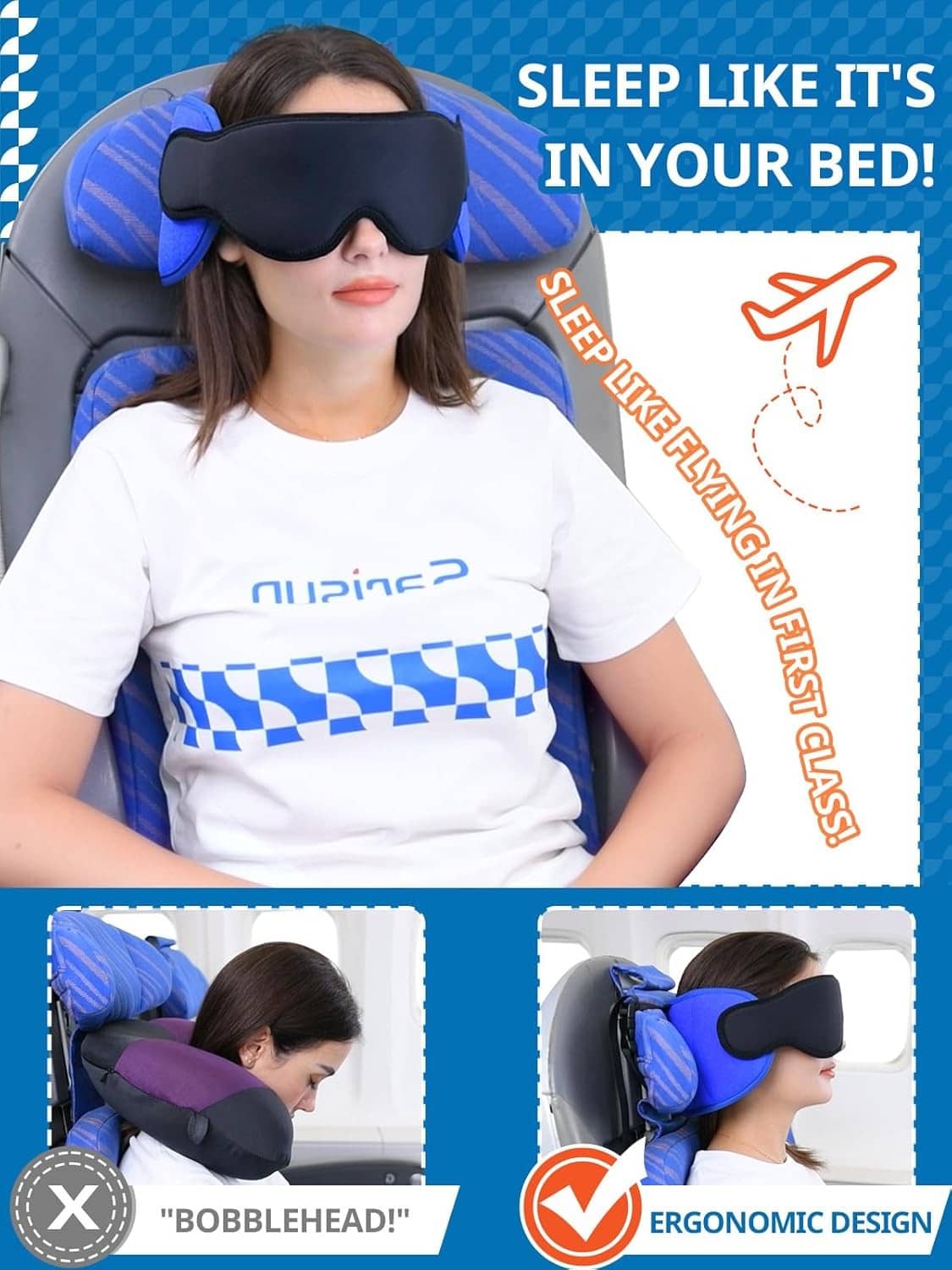 Blue and black travel neck pillow with headrest and face-cover slot