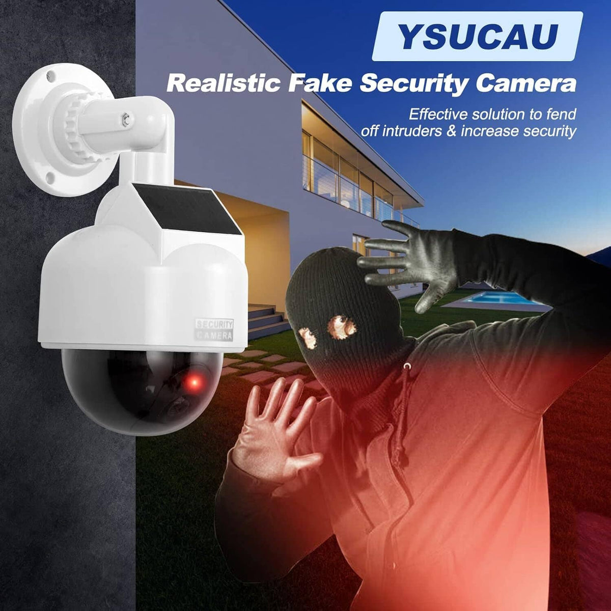 White fake security camera with black dome lens showing red blinking LED