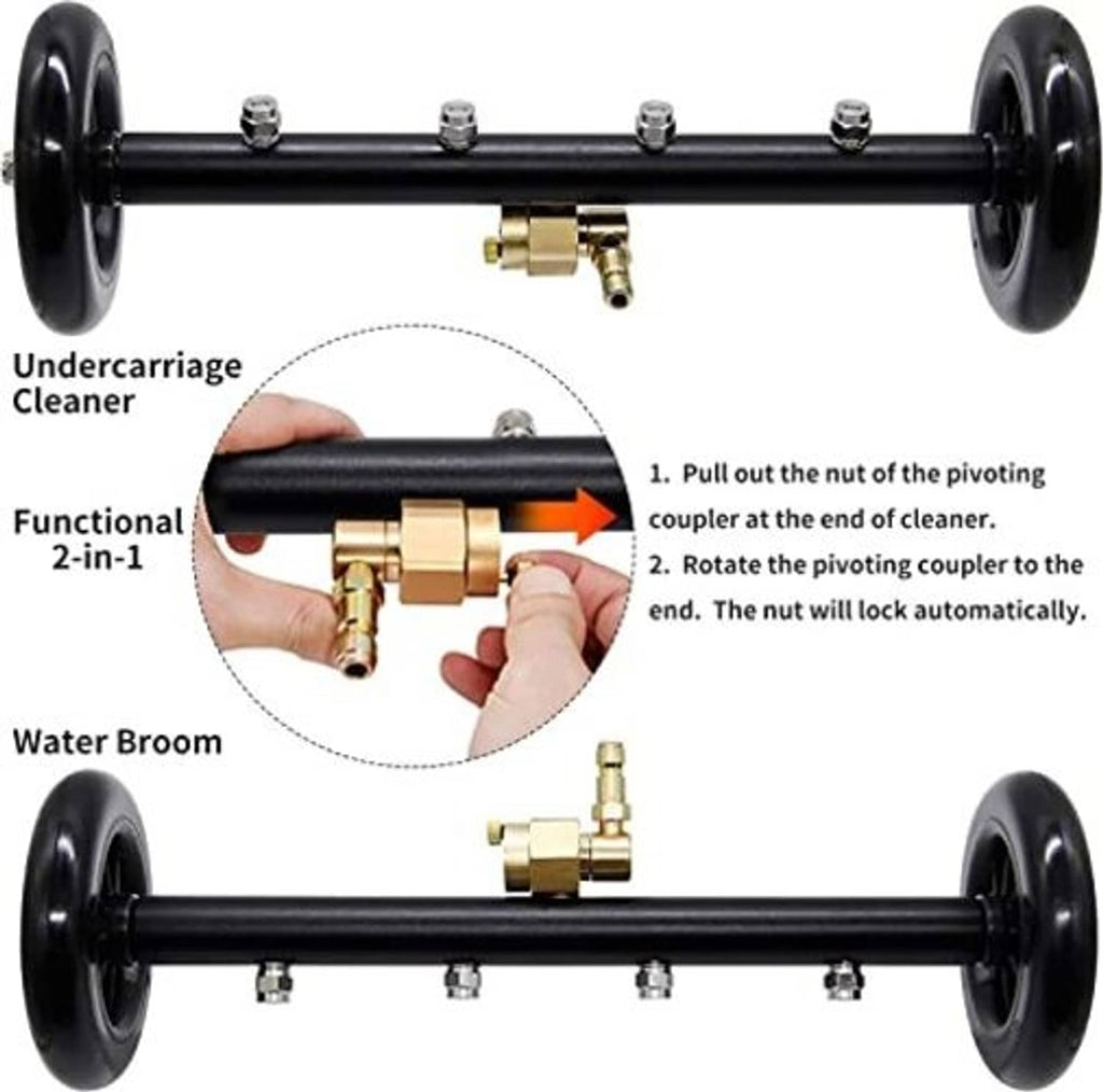 Black undercarriage cleaner attachment with wheels and brass pivot coupler shown by hands