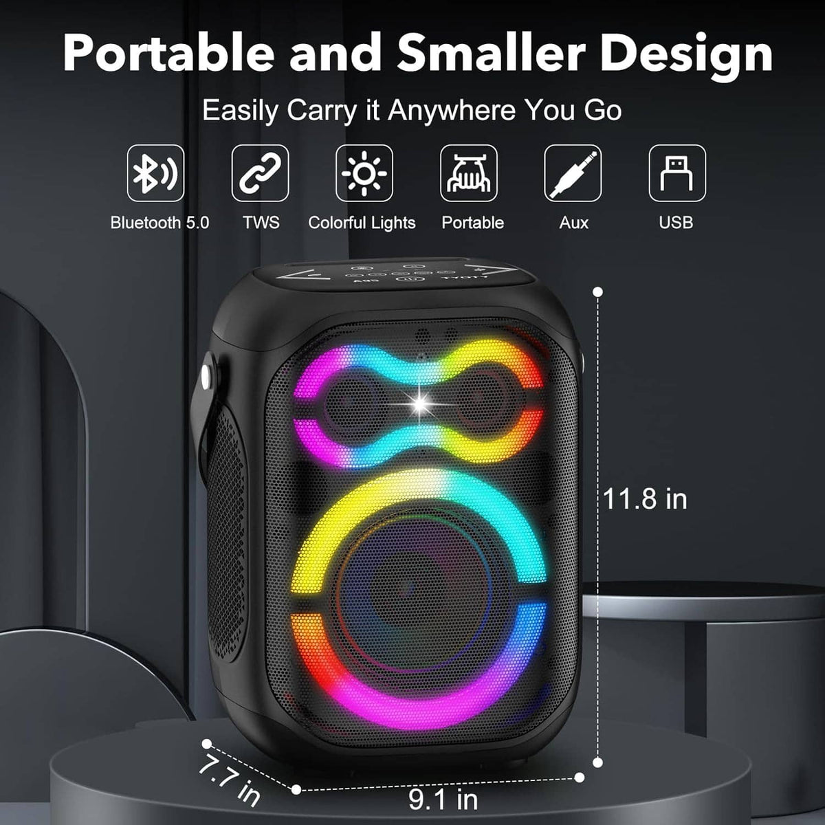 Portable Bluetooth speaker with handle and multicolor RGB lights around dual drivers