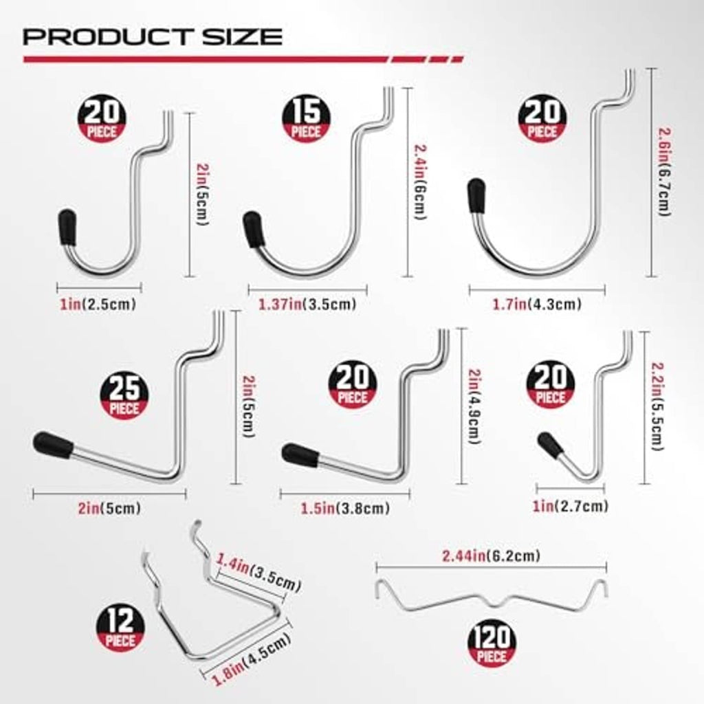 Pegboard hook set size diagram with different hook lengths and quantities