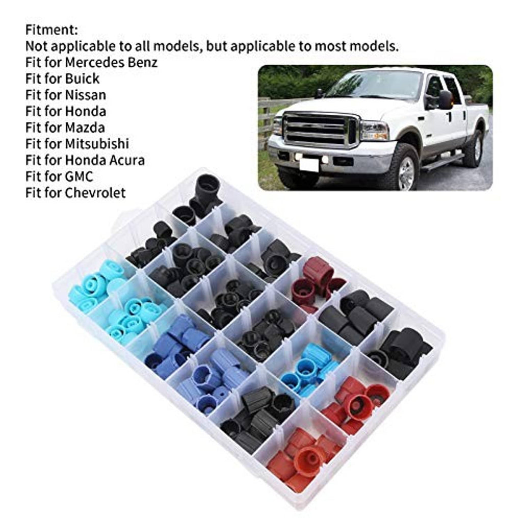 AC valve core cap assortment in divided clear case, black and blue caps with red pieces