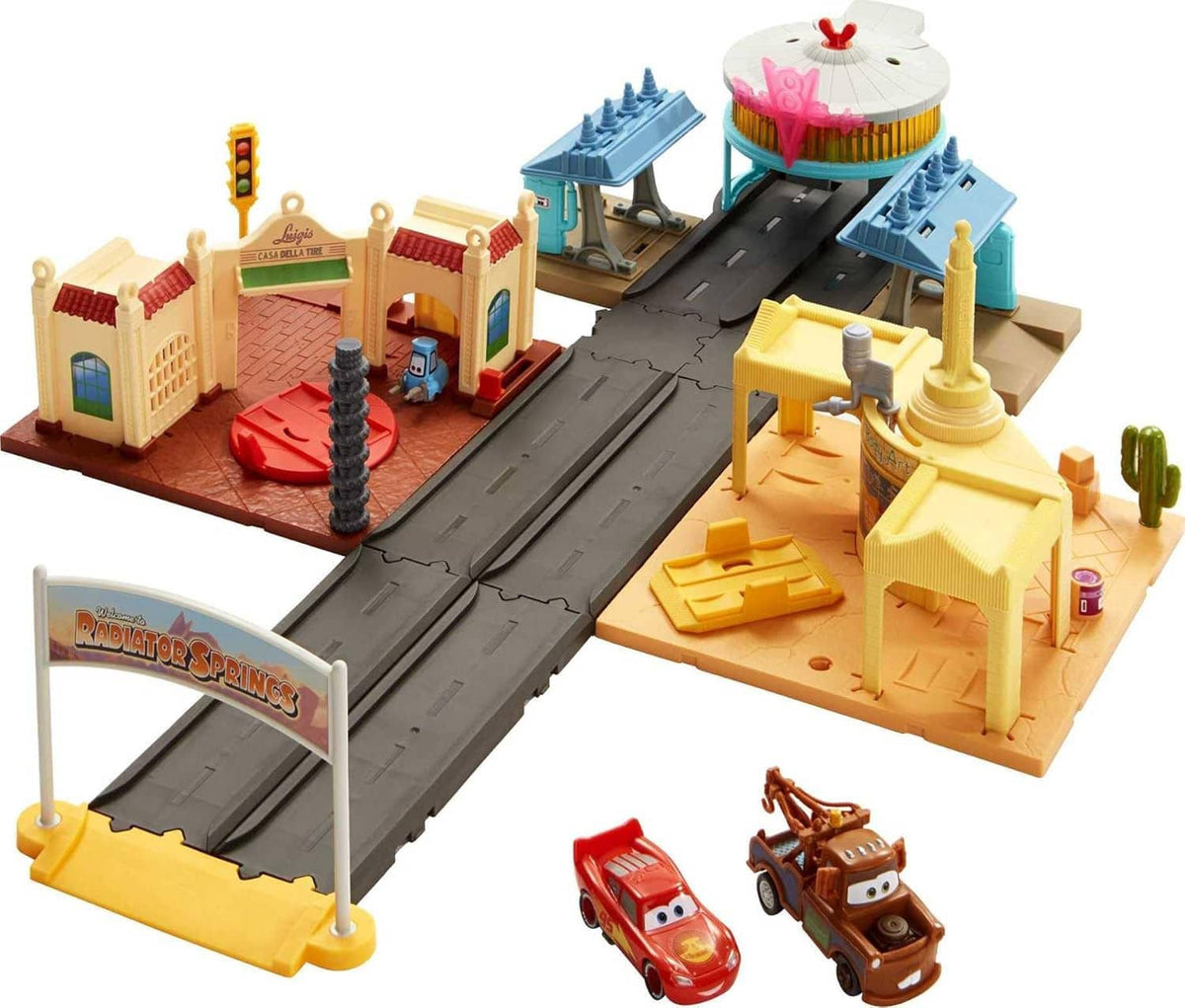 Cars toy track playset with buildings, ramp, and two cars, includes light-up countdown
