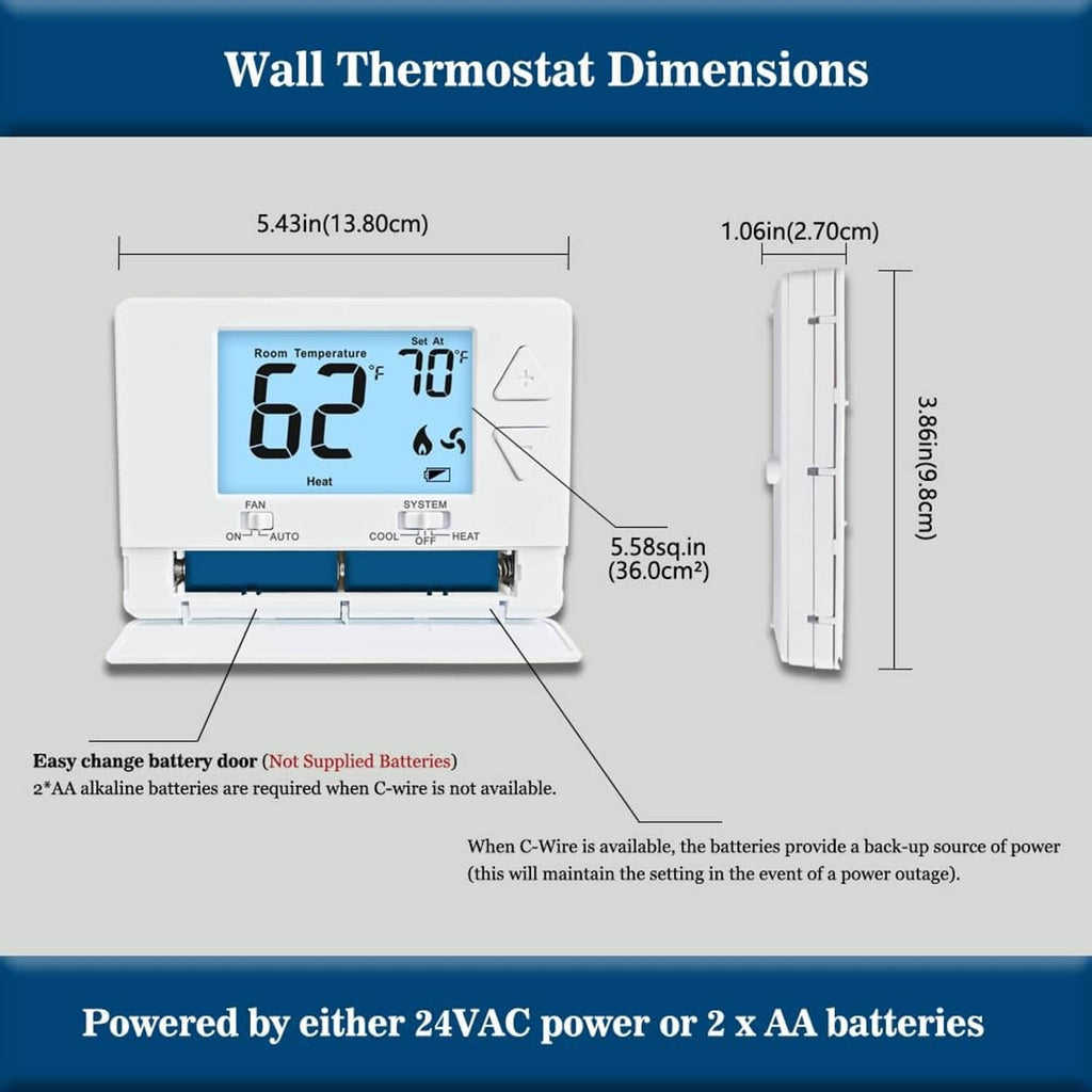 White thermostat wall-mount dimension diagram with front display and slim side view
