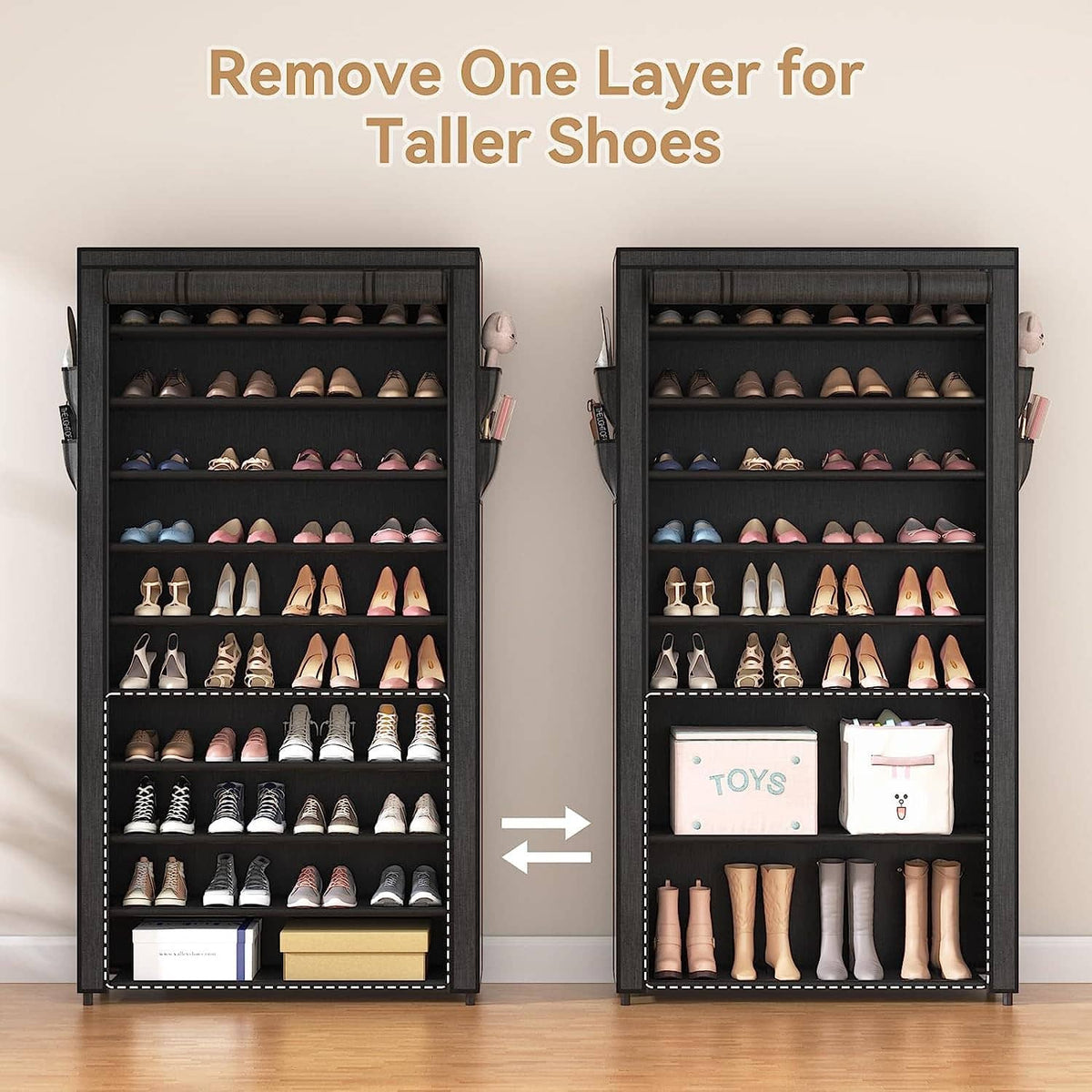 Black 10-tier shoe cabinet with removable layer for taller shoe storage
