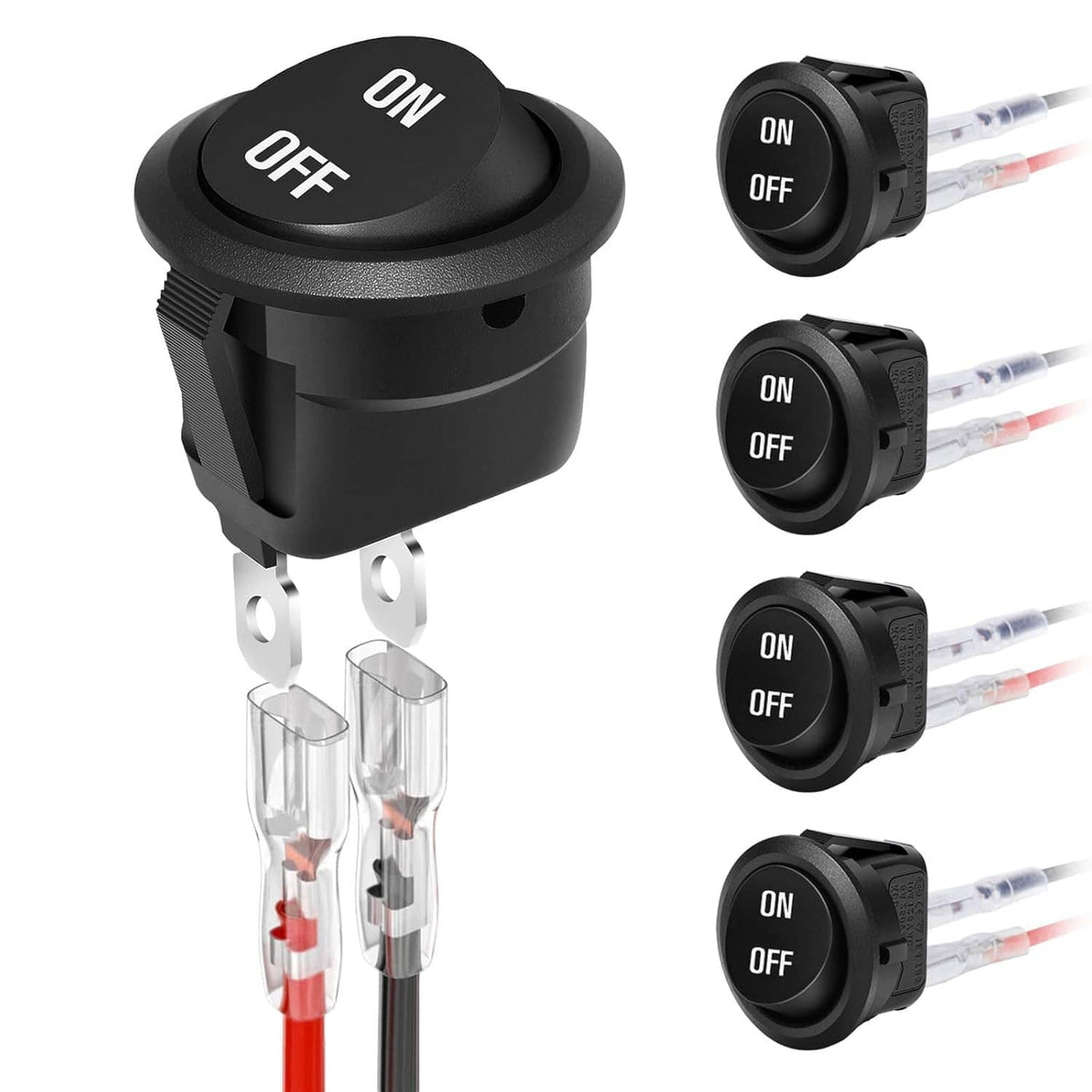 Black round rocker switch with ON/OFF markings, 2-pin terminals and attached wires