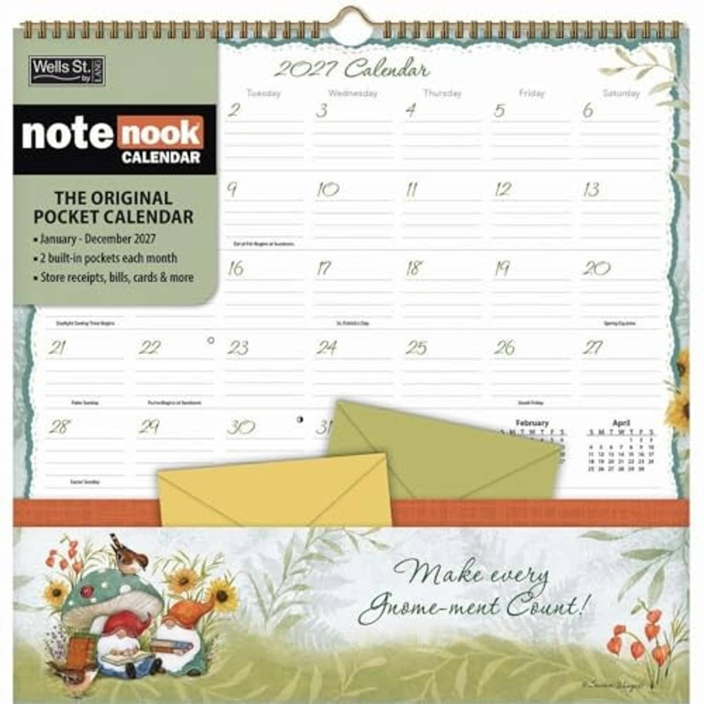 Gnome-themed 2027 pocket calendar with 'Make every Gnome-ment Count!' and pockets