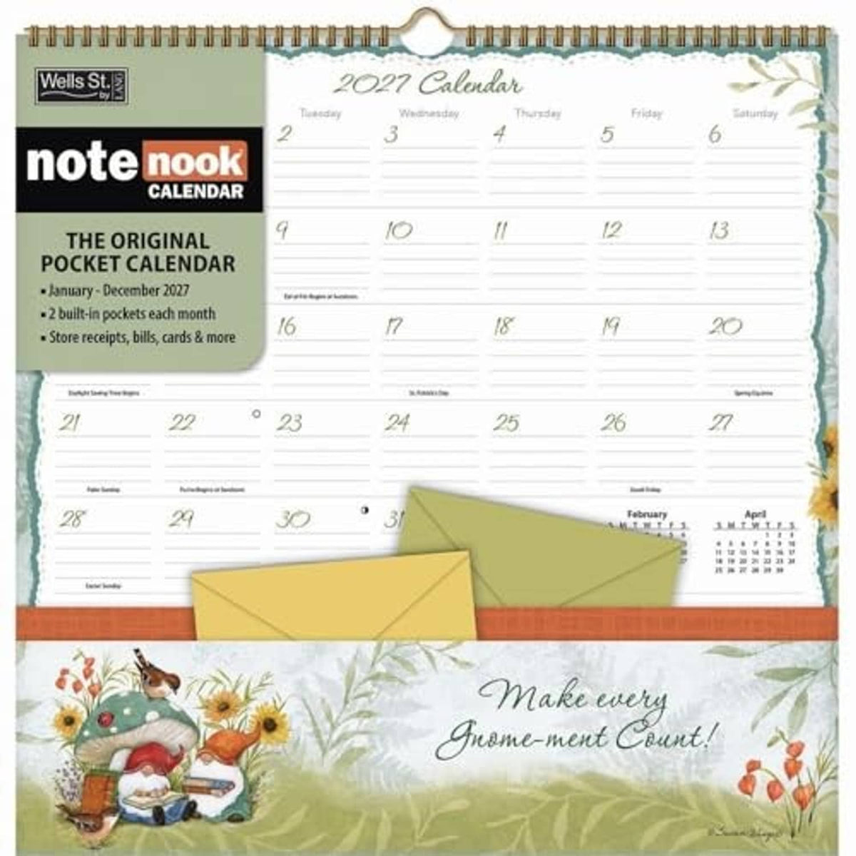 Gnome-themed 2027 pocket calendar with 'Make every Gnome-ment Count!' and pockets
