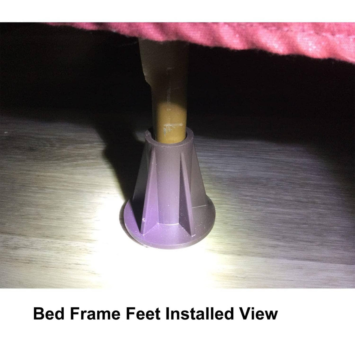 Installed bed frame foot with steel stem and dark base on carpet