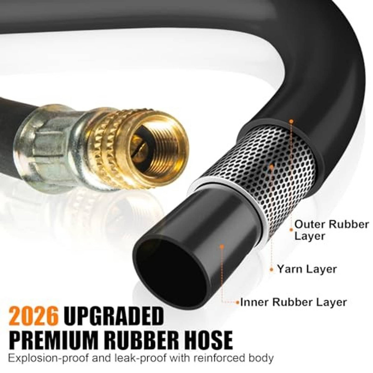 Reinforced black rubber valve extender hose with brass threaded valve fitting
