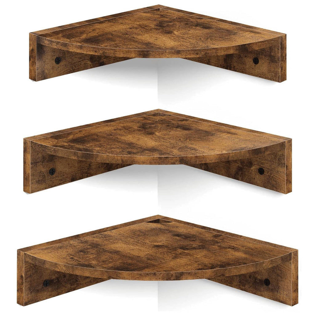 Brown corner wall shelf set of three, L-shaped floating shelves with mounting holes