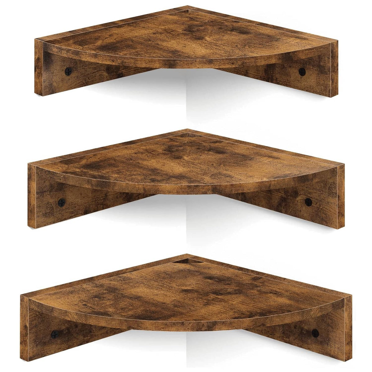 Brown corner wall shelf set of three, L-shaped floating shelves with mounting holes