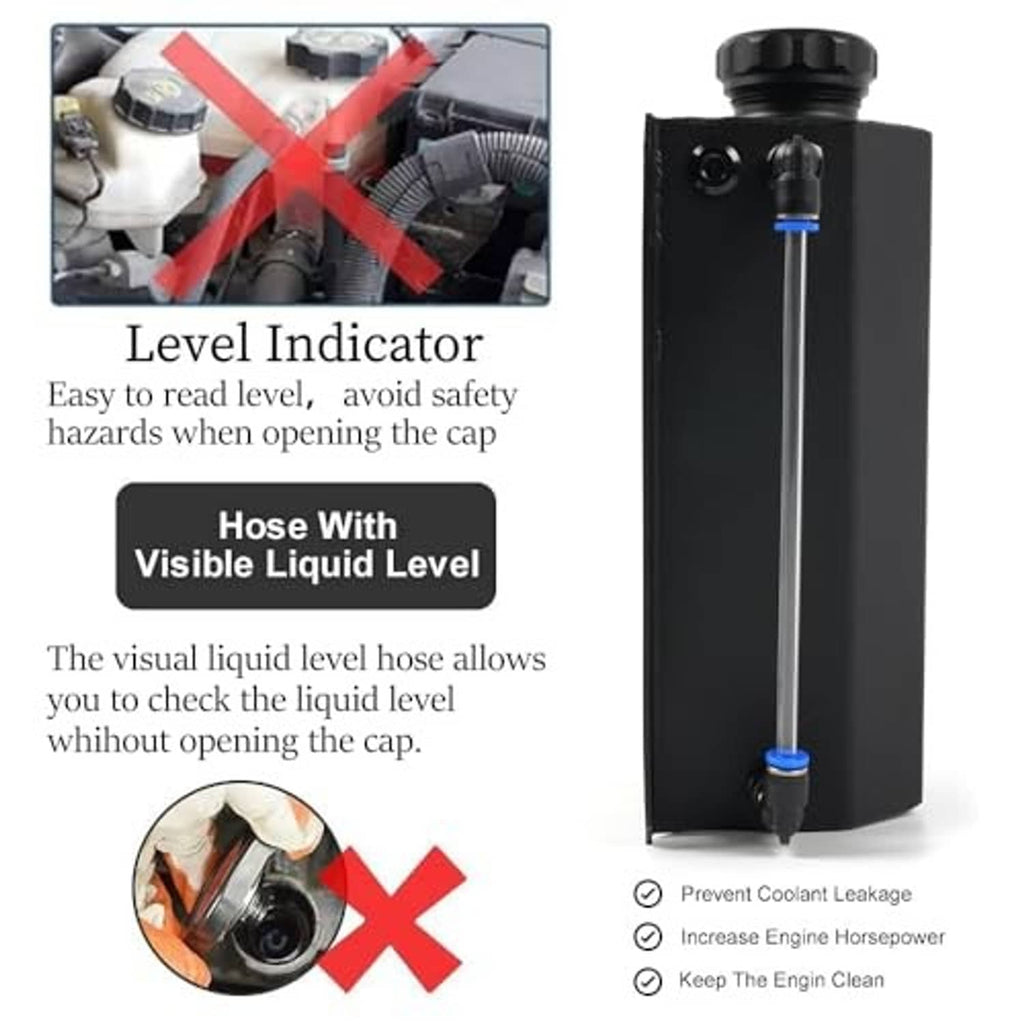 Black coolant overflow tank with visible level indicator hose and yellow sealing ring