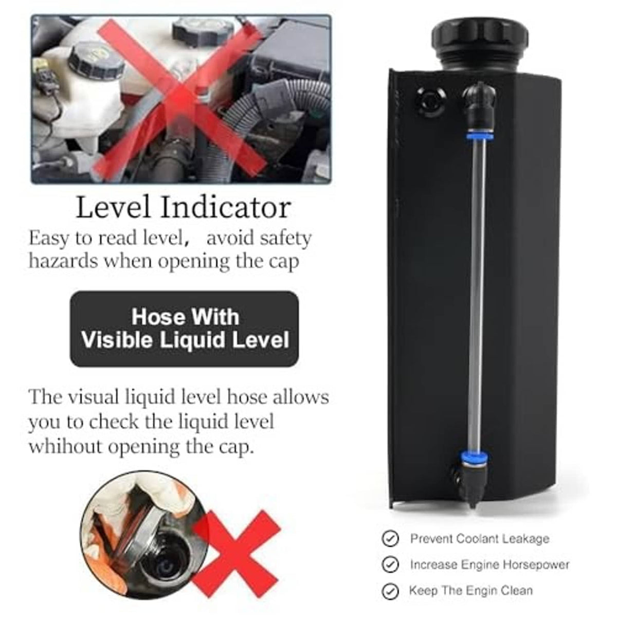 Black coolant overflow tank with visible level indicator hose and yellow sealing ring