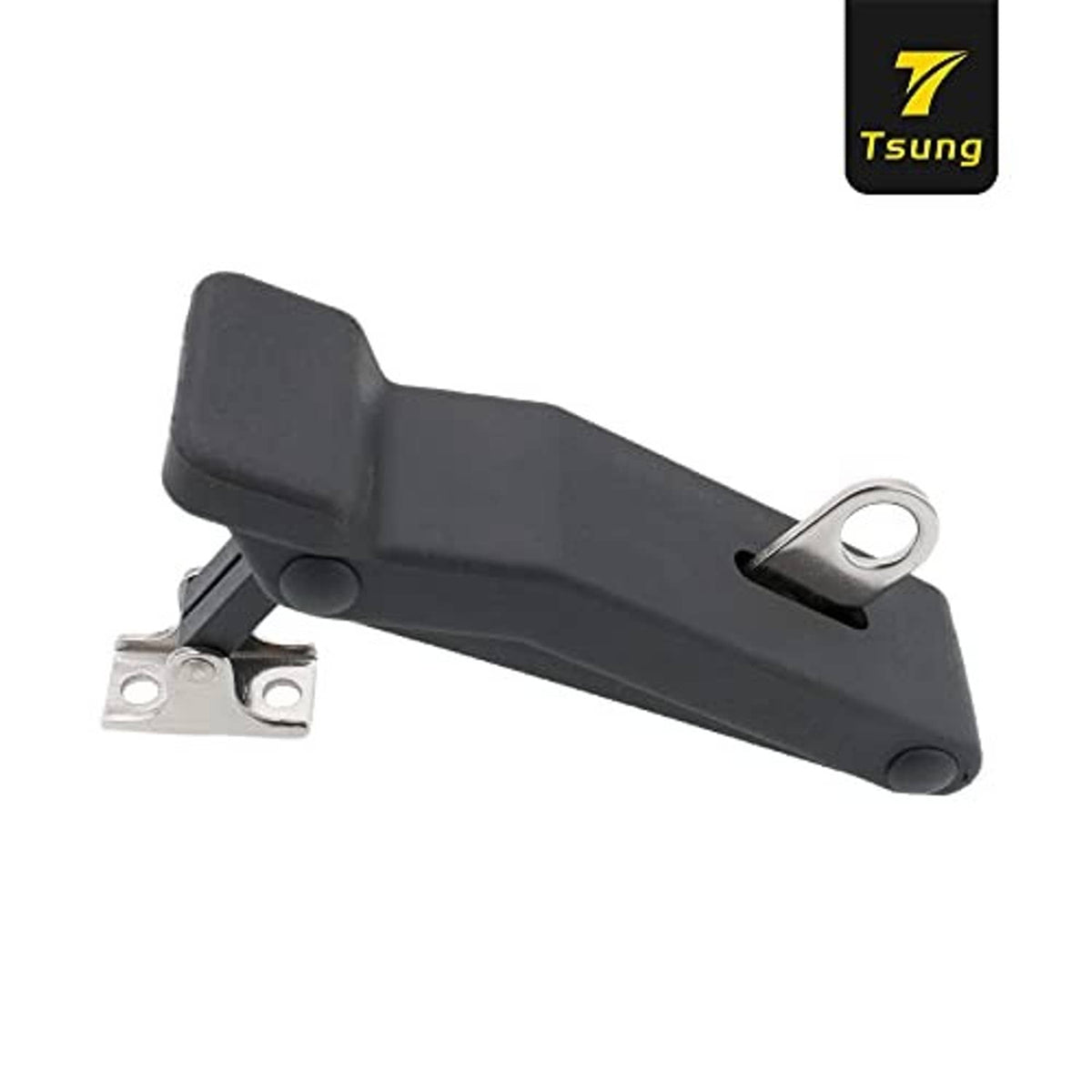 Black over-center draw latch with metal mounting clip, single-piece close-up