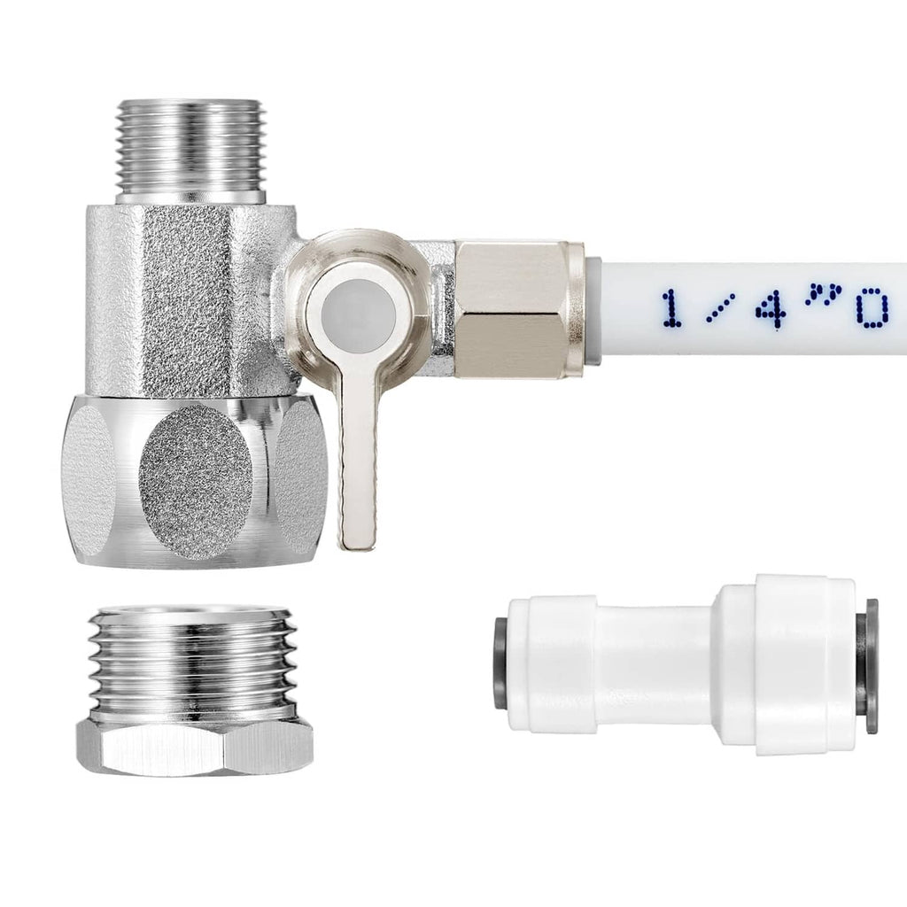 Silver push-to-connect water feed valve fitting with metal threaded ports