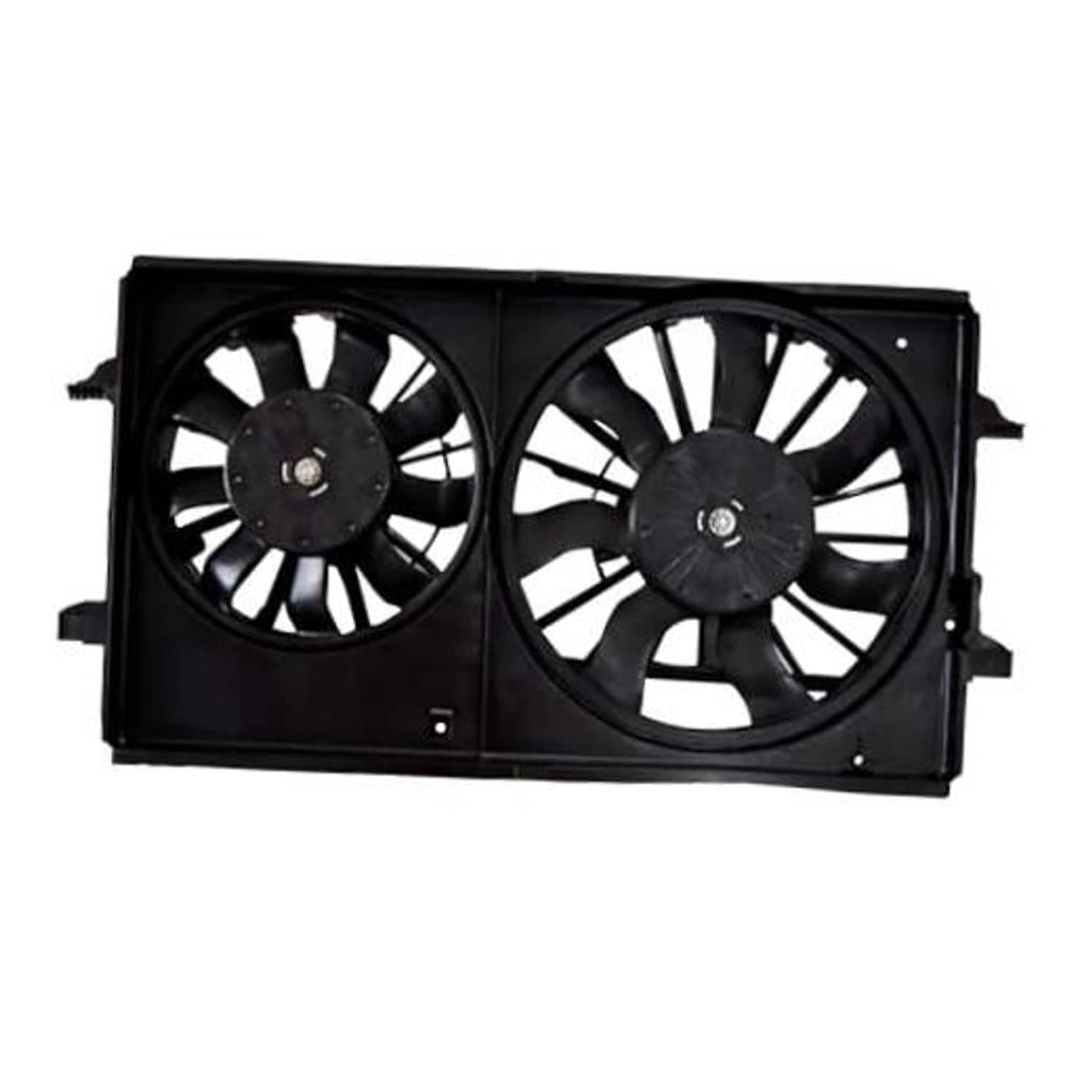 Black radiator cooling fan assembly with two electric cooling fans in a mounting frame
