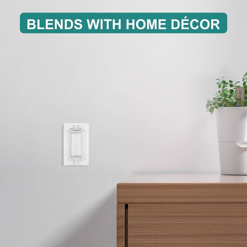 Clear childproof light switch guard mounted on wall, blends with home decor.