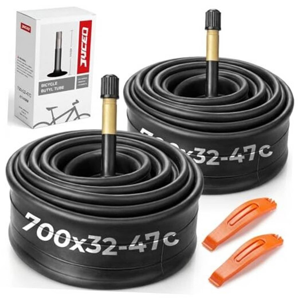 Pair of black bicycle inner tubes with 48mm Schrader valves and orange tire levers