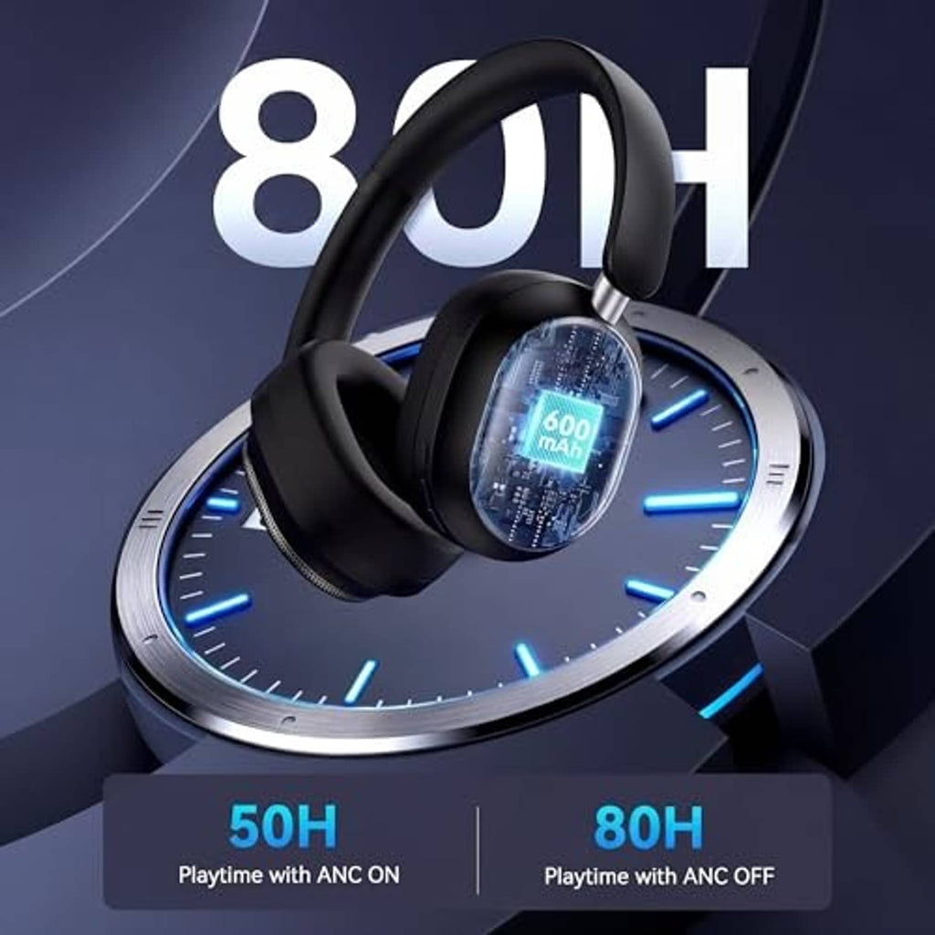 Black over-ear headphones with illuminated LED on the ear cup and padded headband