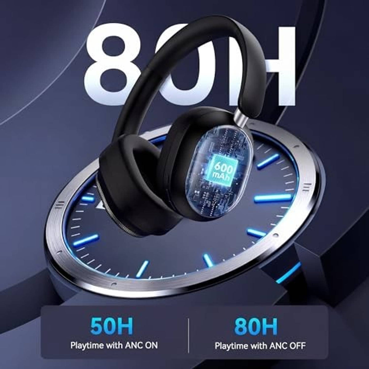 Black over-ear headphones with illuminated LED on the ear cup and padded headband
