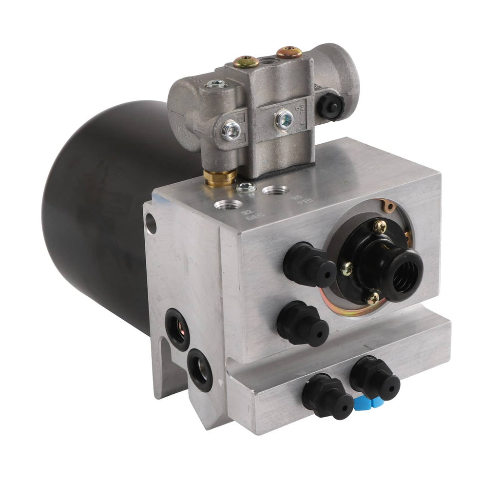 12V air dryer with black canister, silver housing, and multiple hose ports