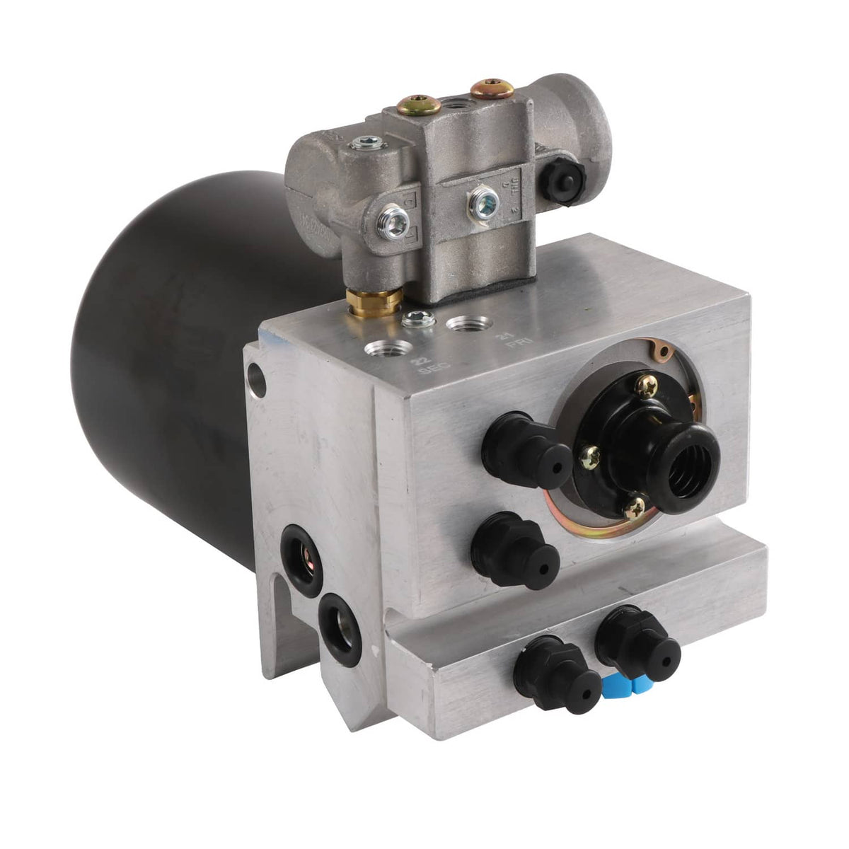 12V air dryer with black canister, silver housing, and multiple hose ports