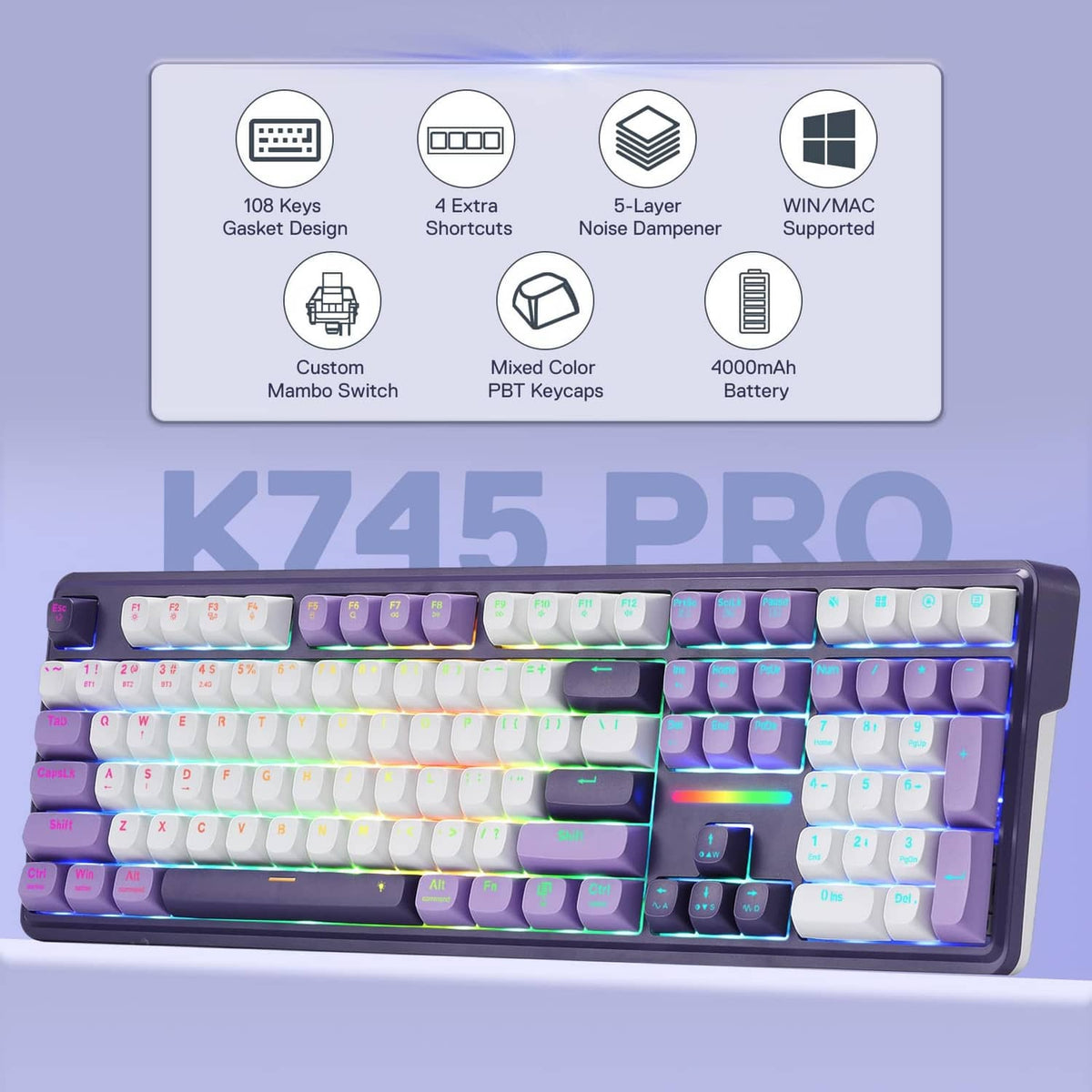 Purple 108-key gasket gaming keyboard front view with RGB lighting across keys