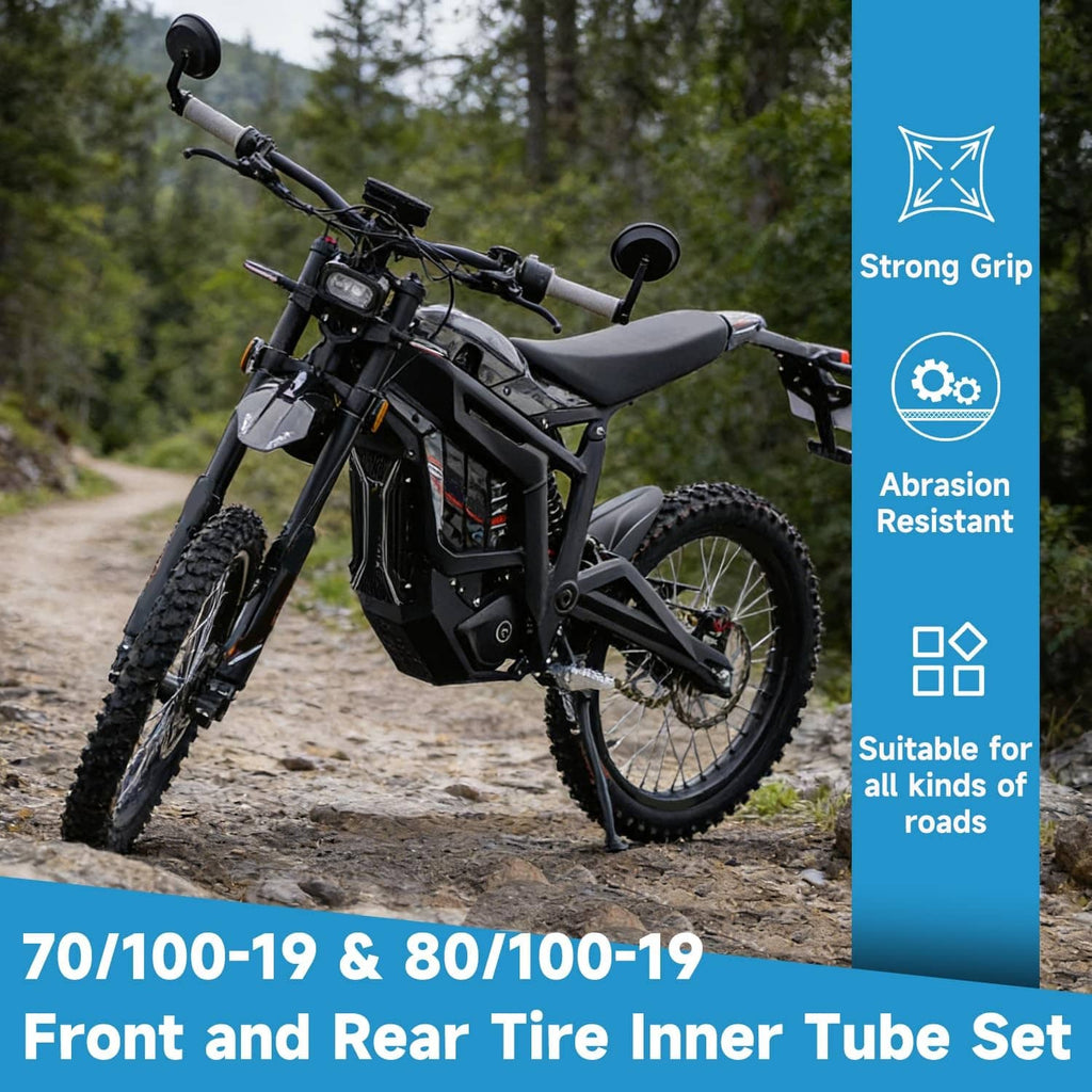 Dirt bike showing compatible front and rear tire inner tubes for 70/100-19 & 80/100-19