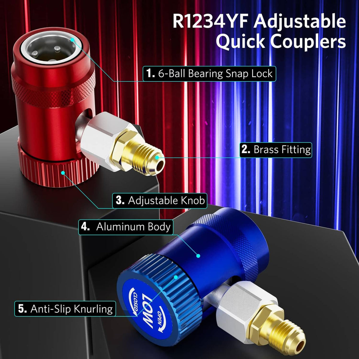 Adjustable A/C quick coupler adapter with aluminum body, anti-slip knurled knob