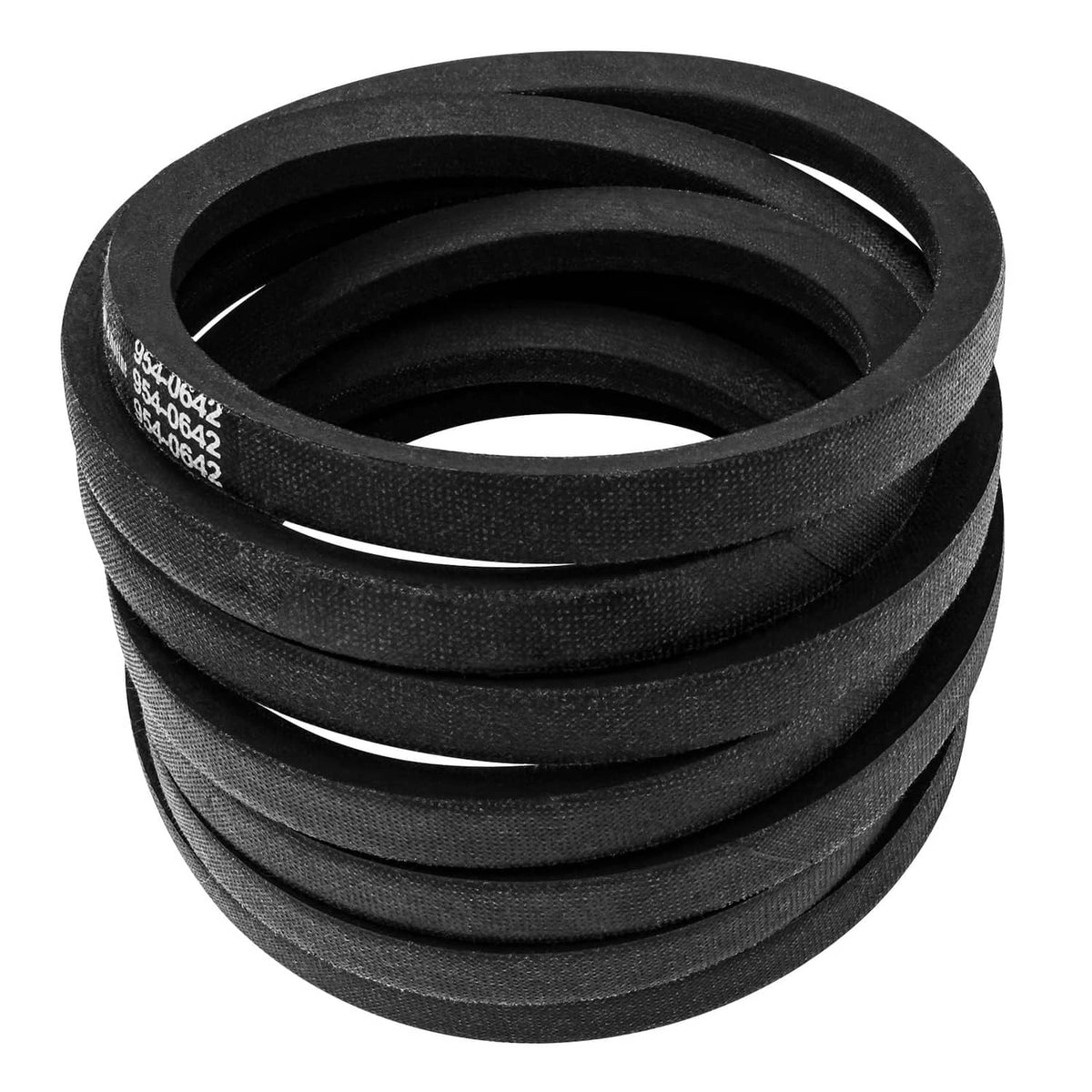 Black mower deck belt coil with textured rubber surface