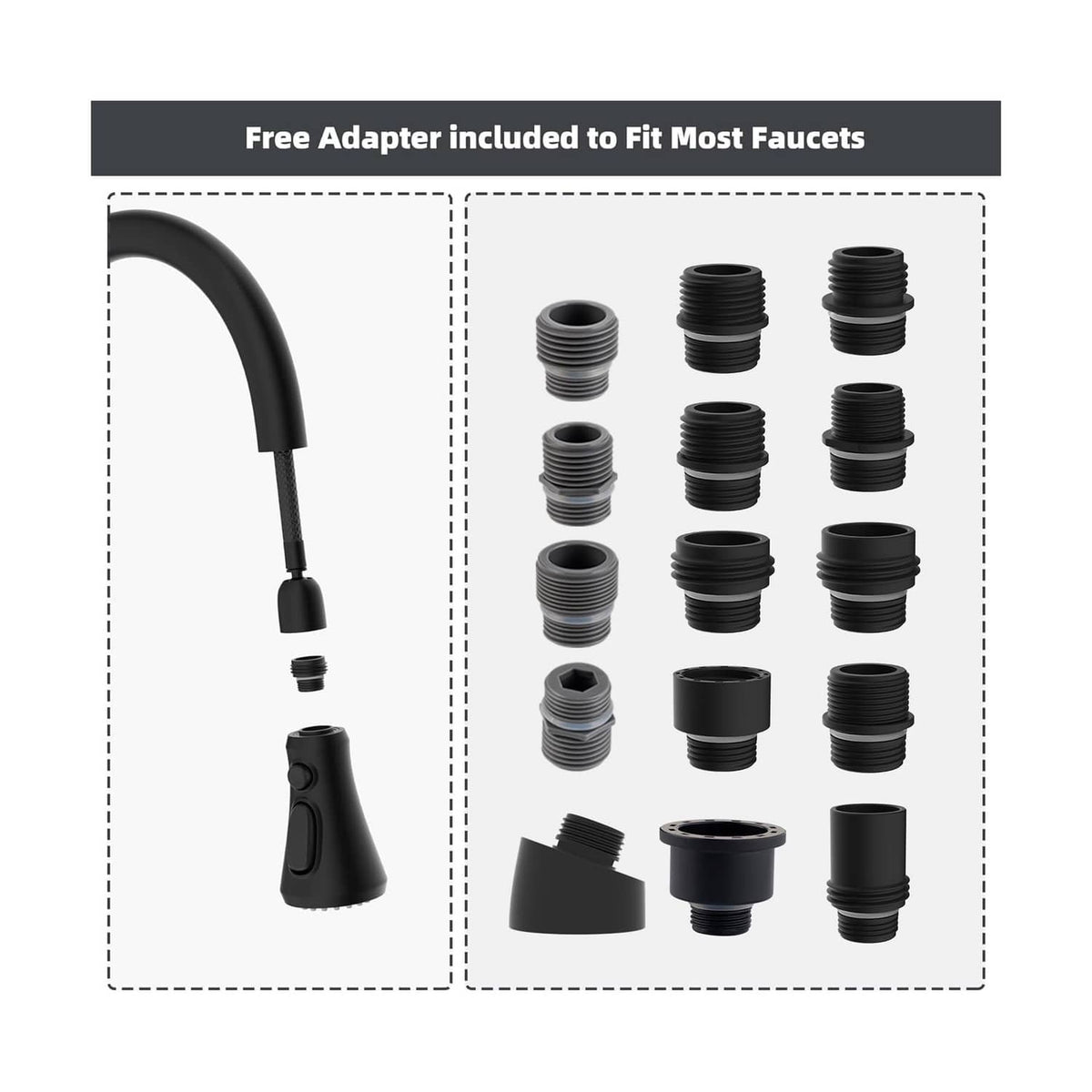 Matte black pull-down sprayer kit with multiple adapter threads