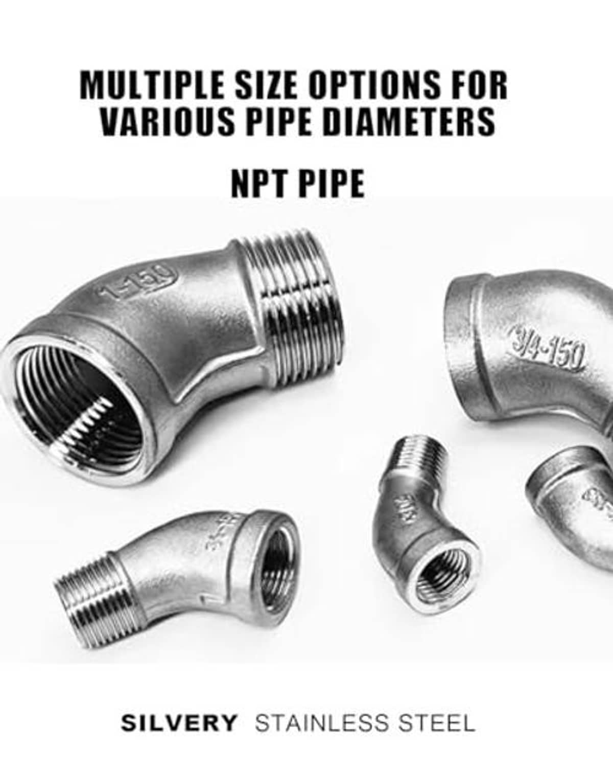 Set of 304 stainless steel NPT elbow pipe fittings in 45-degree street elbow styles