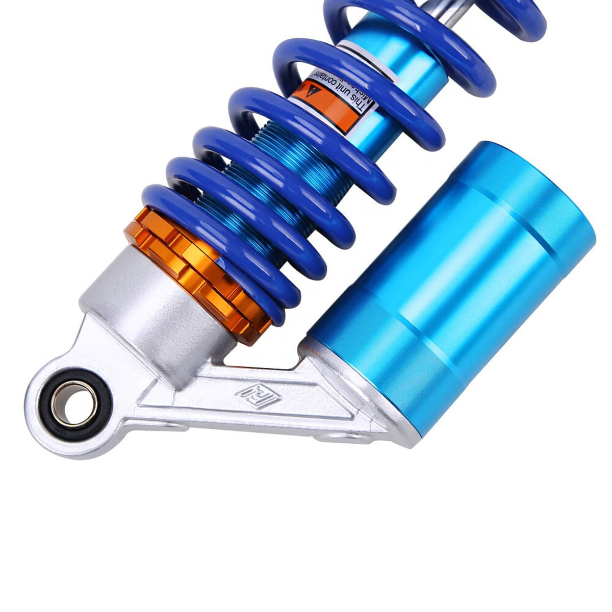 Pair of blue rear ATV air shock absorbers with silver body and orange adjustment ring