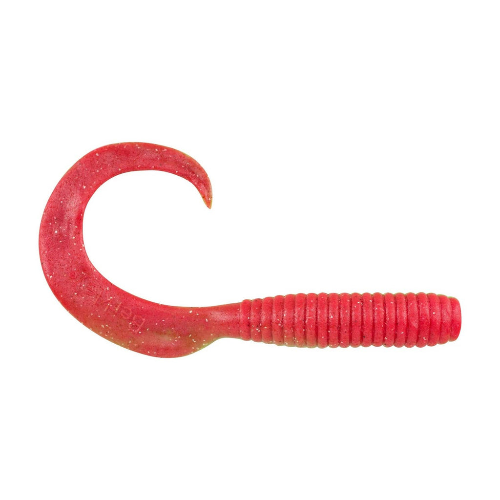 Soft plastic fishing bait, red curved tail with ribbed body and glitter speckles
