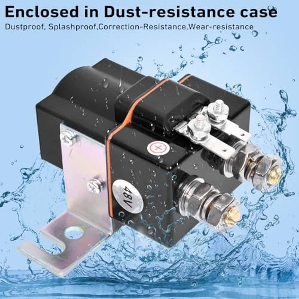 Black 48V solenoid in dust-resistant sealed case with mounting bracket and terminals
