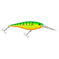 Green and orange crankbait lure with clear lip and treble hooks