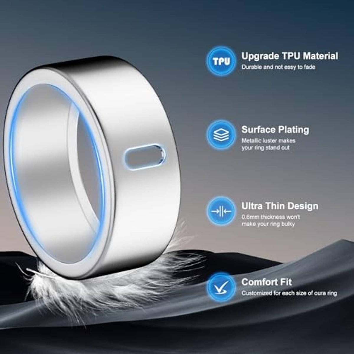 Silver-tone TPU ring cover with side opening and smooth metallic finish