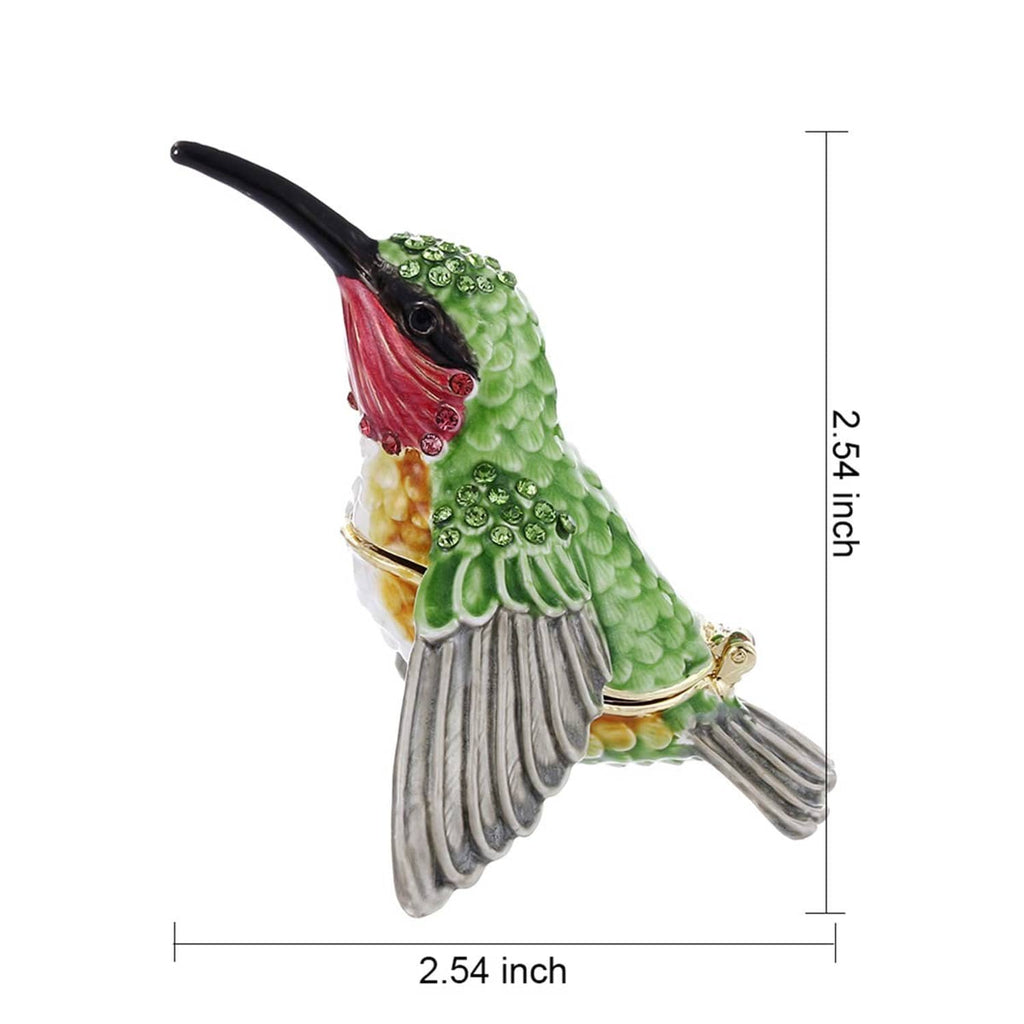 Hand-painted enamel hummingbird trinket box, green wings, red head, hinged lid