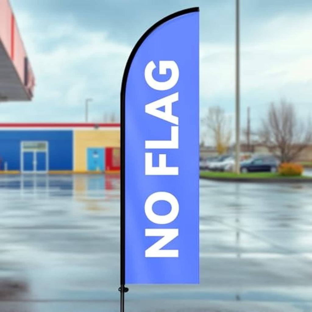 Blue feather flag on black pole with ground spike for outdoor display