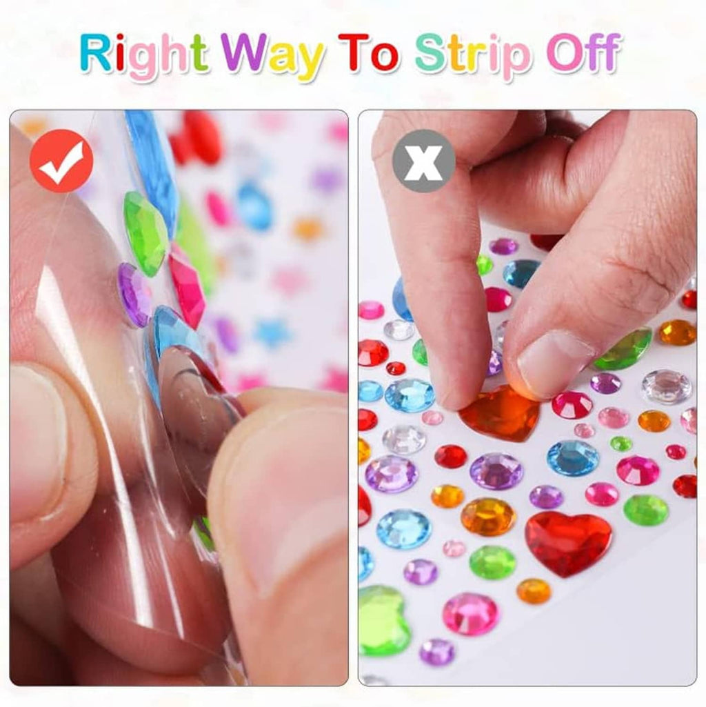 Self-adhesive rhinestone gems being stripped from a clear backing sheet by hand
