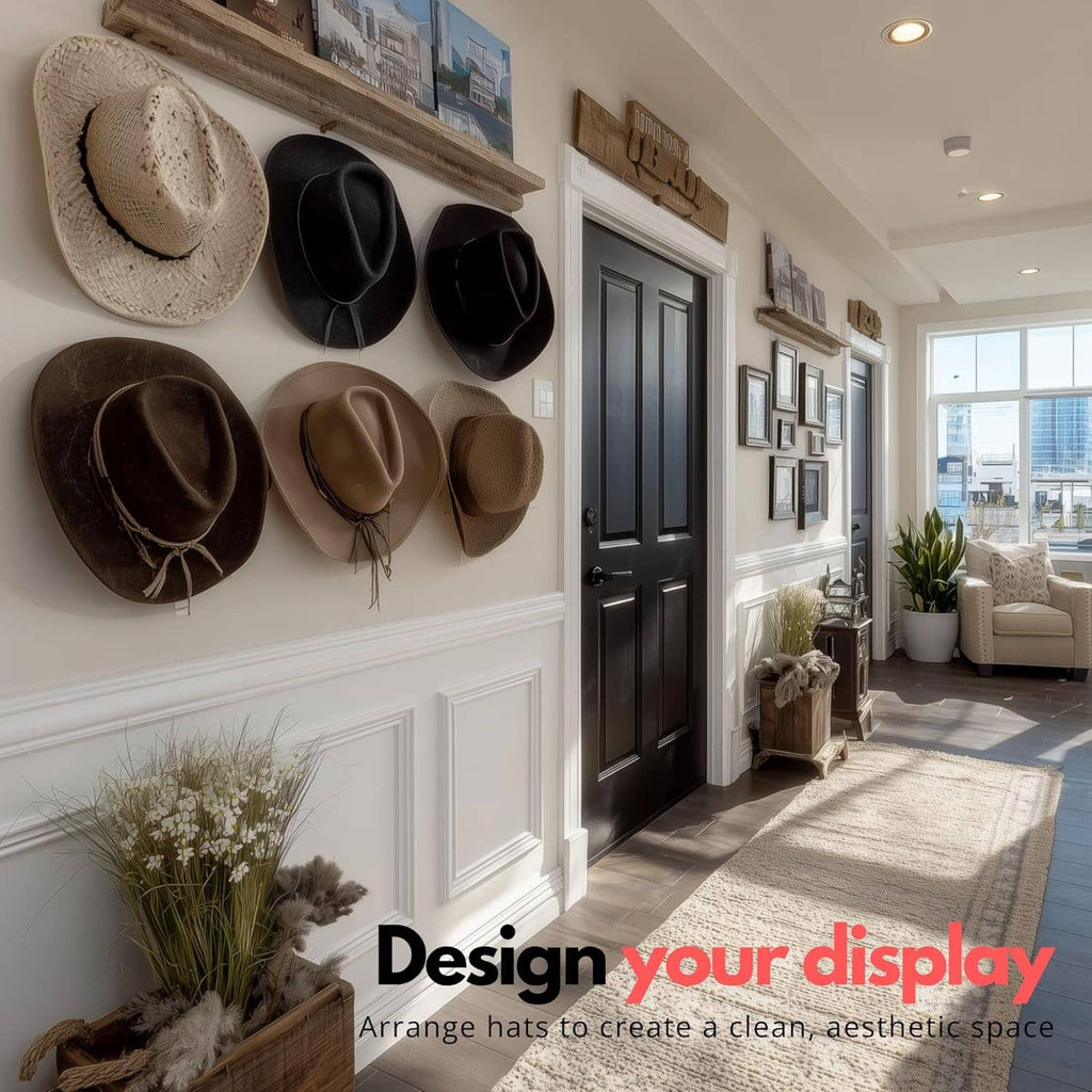 Cowboy hat wall display with multiple adhesive hooks holding wide-brim hats