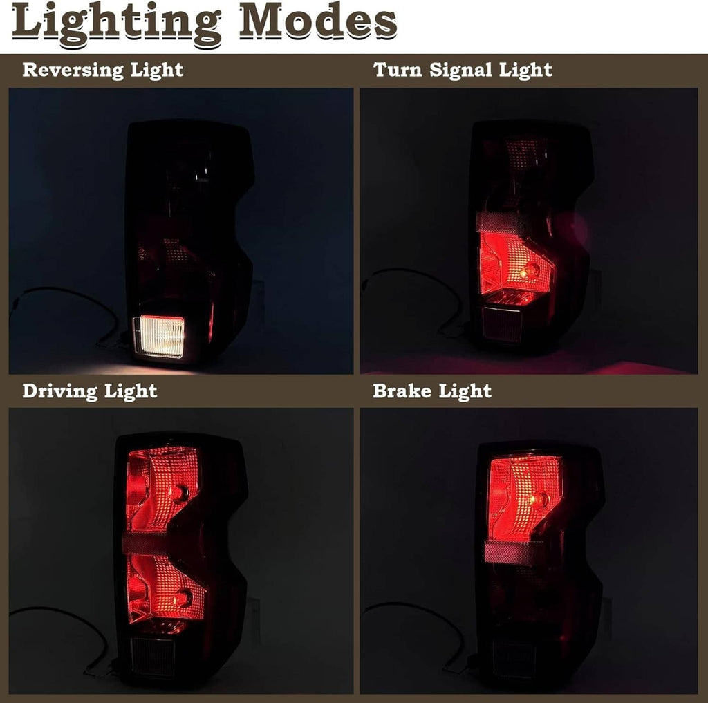 Lighting modes diagram with reversing, turn signal, driving, and brake light views