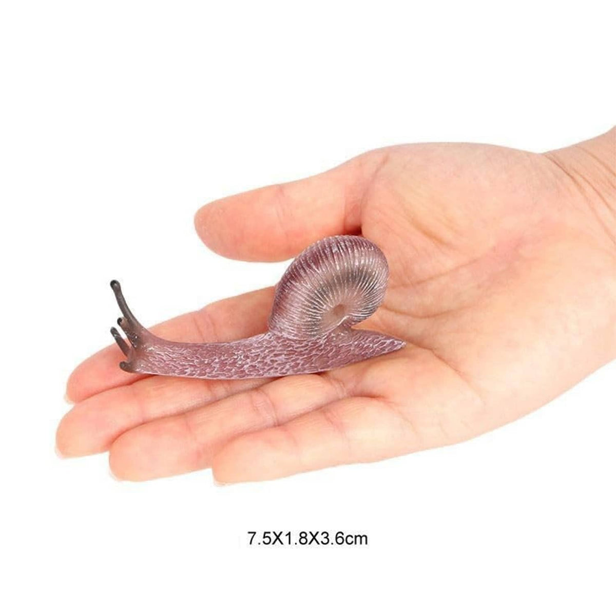 Realistic mini snail figurine on an open palm, purple-brown shell with curled body.